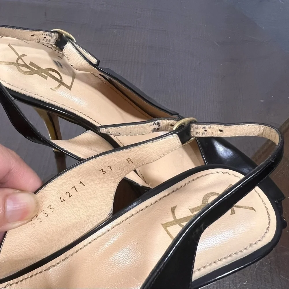 YSL Patent & Calf Leather peep toe sling back pumps 37 GUC sexy chic vintage